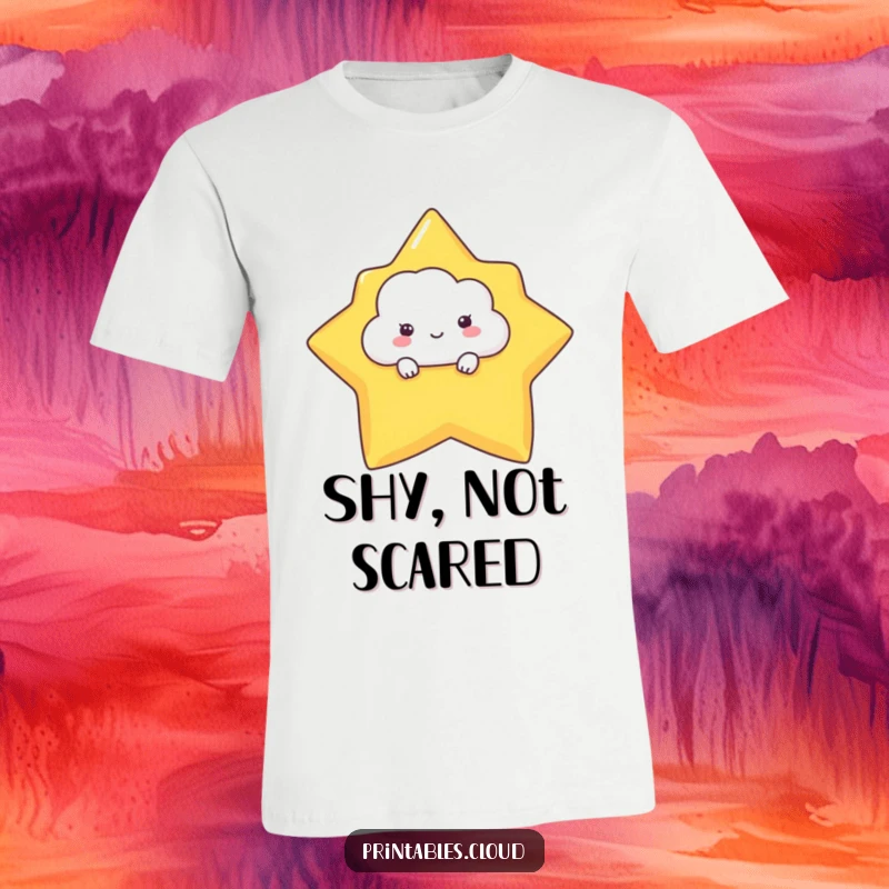 Funny t-shirt featuring a timid cloud character playfully peeking from behind a huge, bright star, perfect for casual, cute wear.