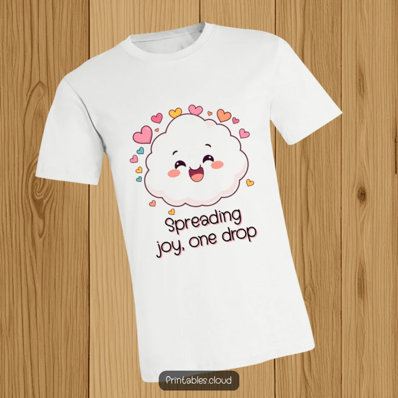 Funny t-shirt featuring a smiling fluffy cloud character joyfully raining a cascade of colorful heart shapes.