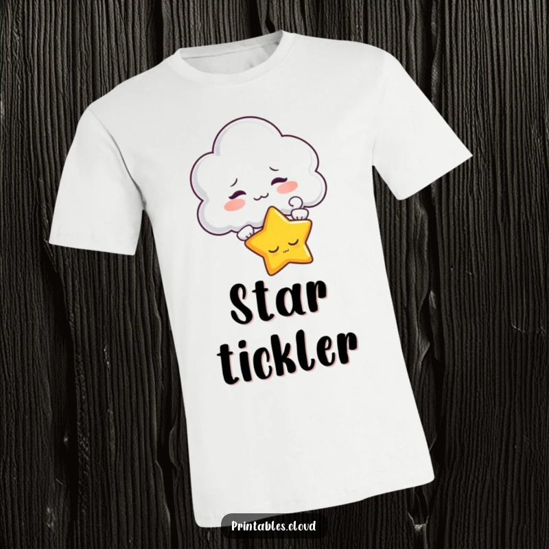 Funny t-shirt of a cloud character puffing air at a sleepy star, capturing a moment of adorable cosmic mischief.
