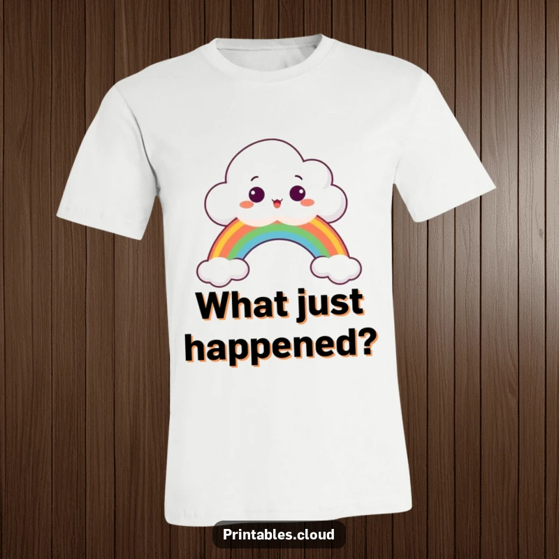 Funny T-Shirt showing a surprised cloud peeking over a vibrant rainbow, capturing a moment of delightful shock.