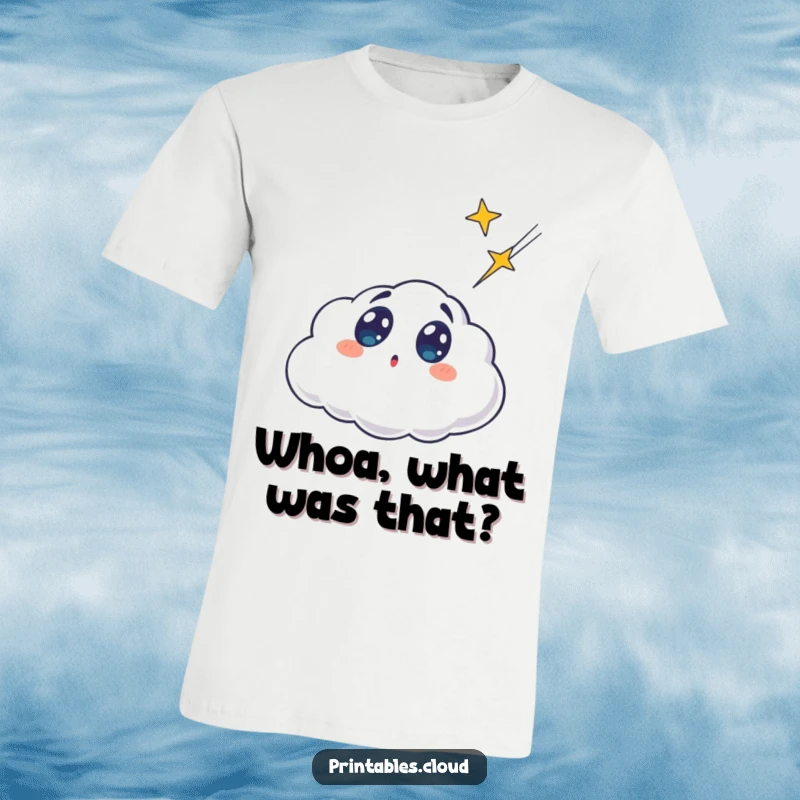 Funny surprised cloud character with wide eyes, mesmerized by a shooting star, on a comfortable t-shirt, a humorous celestial design.