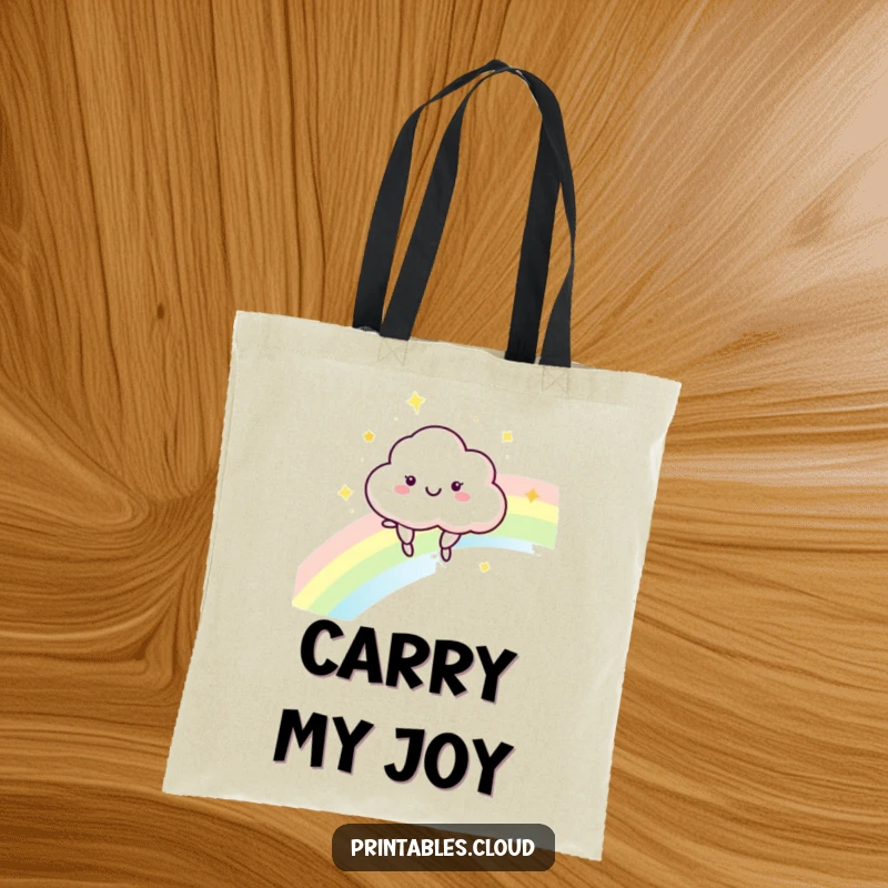 Funny Cloud Tote Bag: A happy cloud character bounces on a shimmering rainbow, a cheerful accessory.