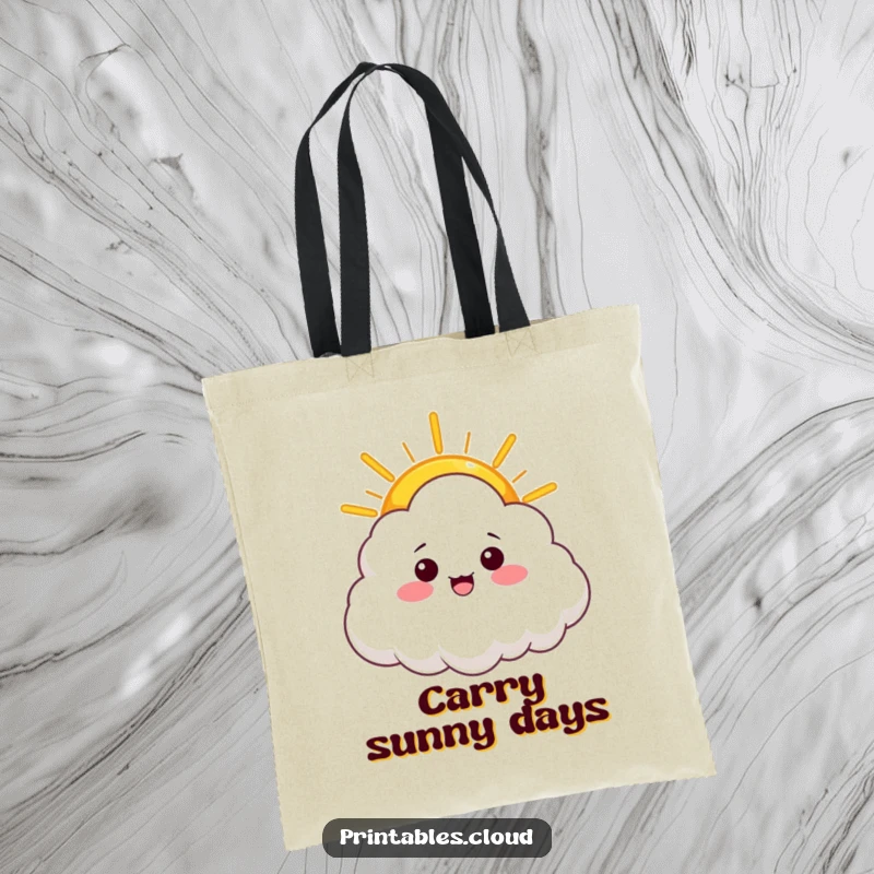 Funny tote bag featuring a cloud character offering a warm ray of sunshine, perfect for carrying items with a message of hope and joy.