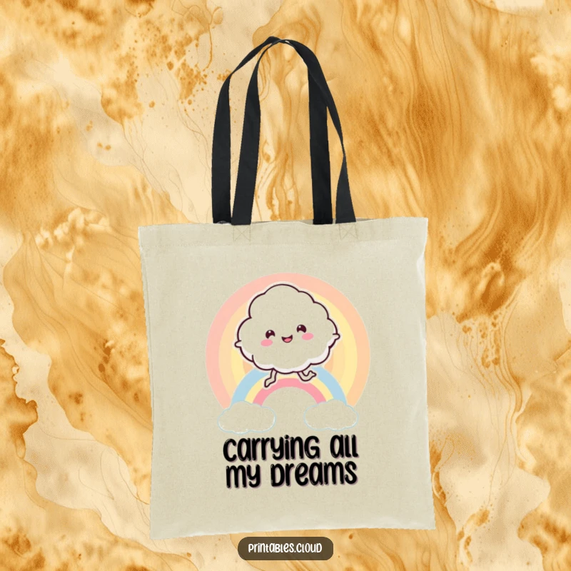 Funny tote bag depicting a leggy, ecstatic cloud character mid-bounce on a vibrant rainbow, perfect for everyday cheer.