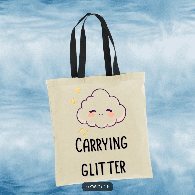 Funny Tote Bag: A winking cloud character leaves a sparkling trail of glitter, a humorous and stylish accessory.
