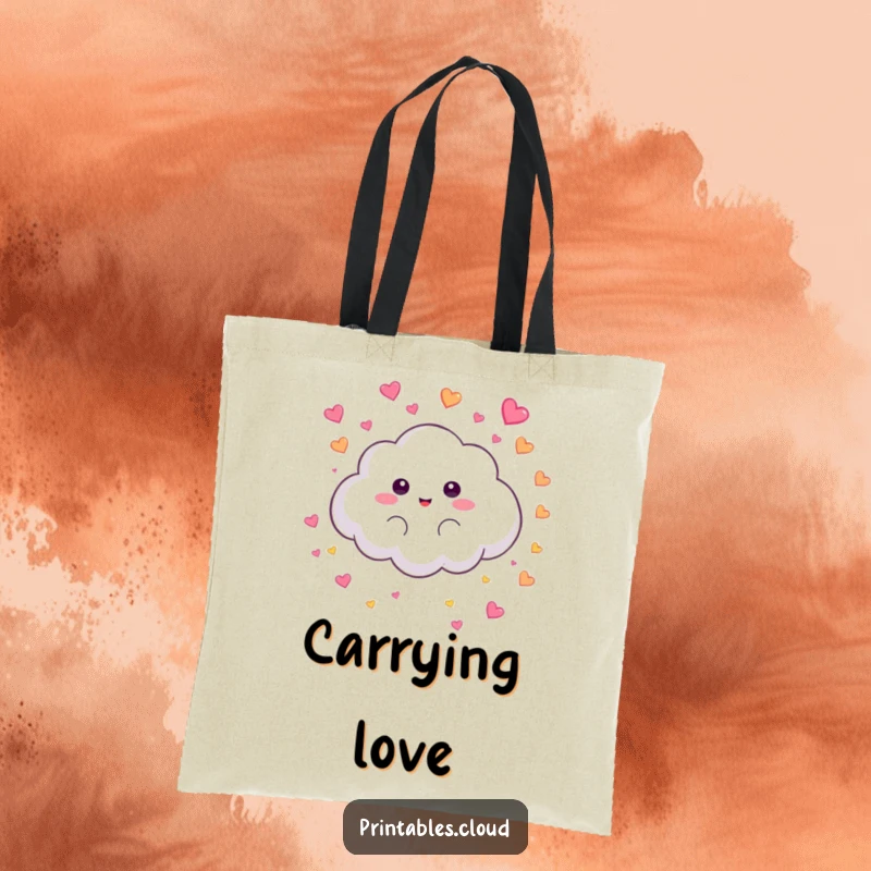 Funny Tote Bag: A fluffy cloud character playfully rains tiny hearts, a humorous and sweet accessory.
