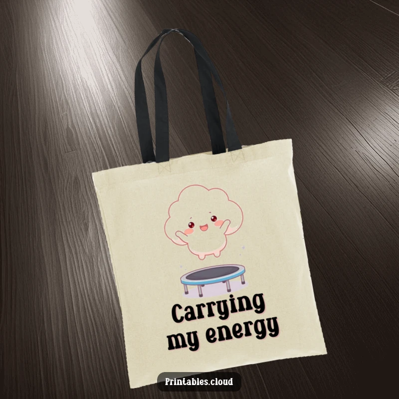 Funny tote bag with a fluffy cloud character happily bouncing on a small trampoline, perfect for everyday cheer.