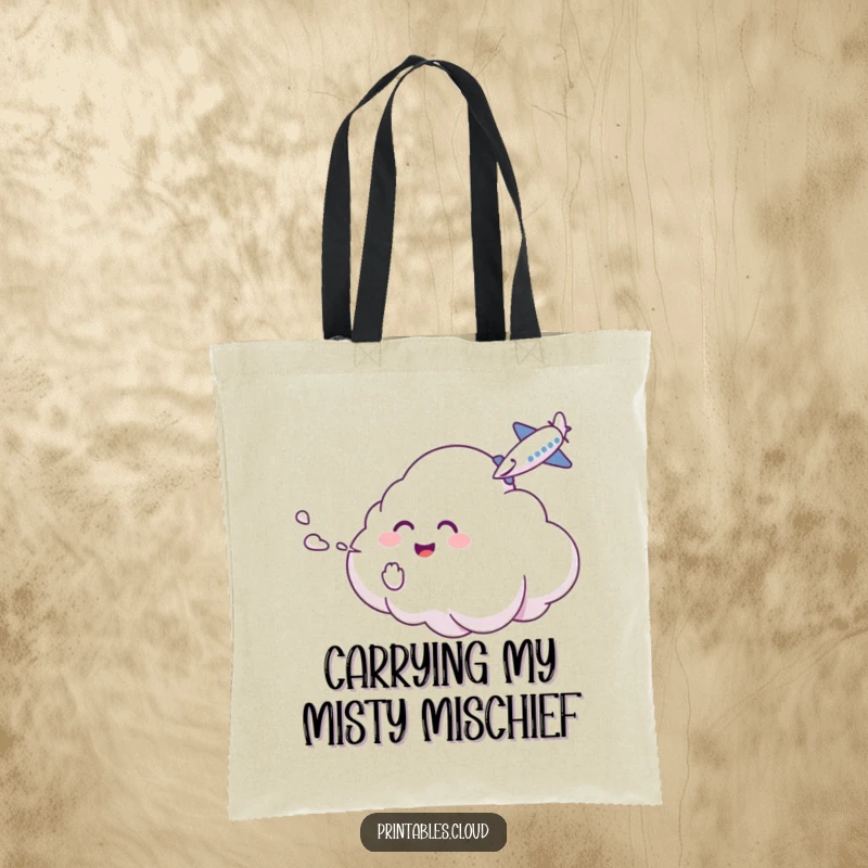 Funny Tote Bag: A giggling cloud tickles a passing airplane with mist, perfect for humorous everyday carry.