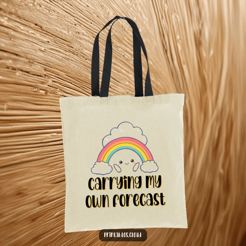 Funny tote bag featuring a mischievous cloud character creating a miniature rainbow, perfect for carrying joy and essentials.