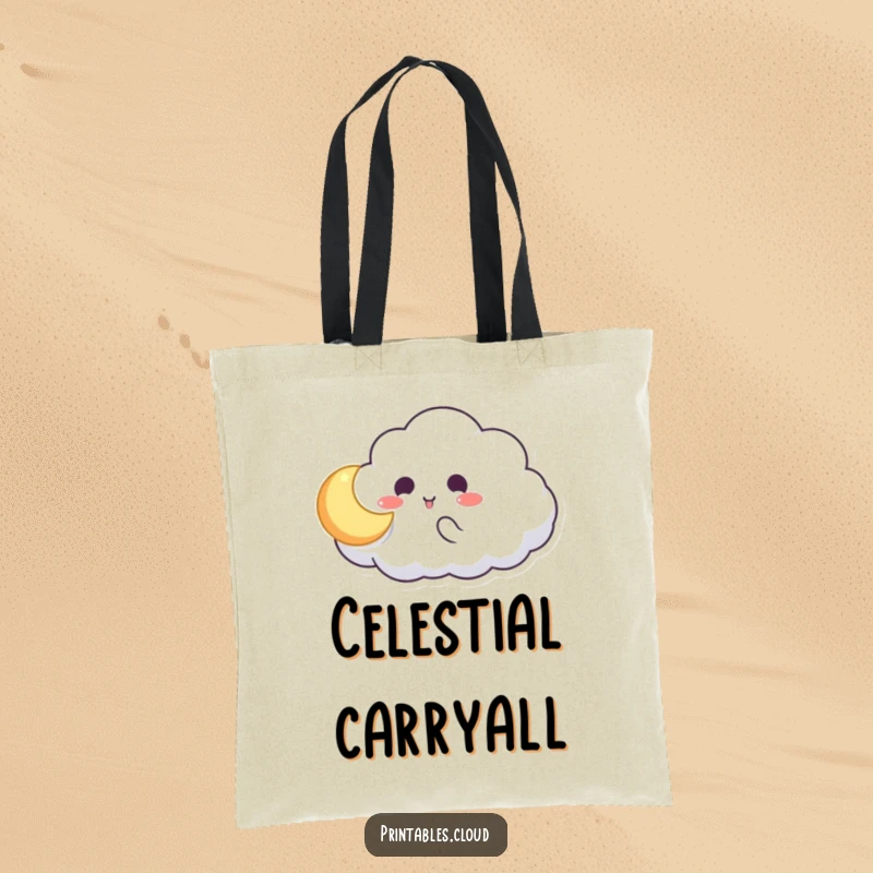 Funny tote bag showing a cloud character playing catch with a luminous moon, whimsical celestial artwork, practical and humorous gift.