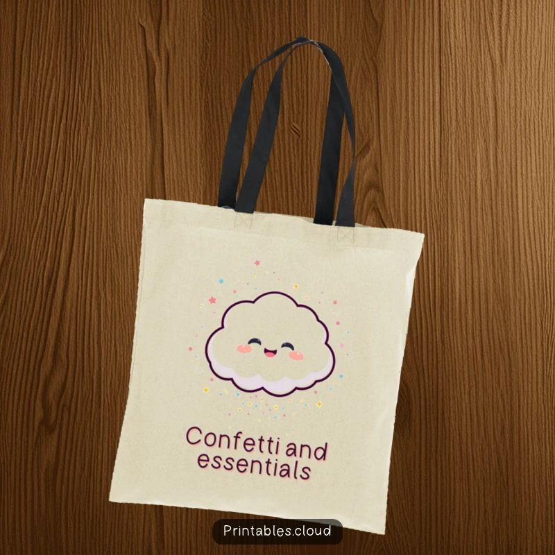 Funny tote bag depicting a giggling cloud character spilling a cascade of sparkling confetti.
