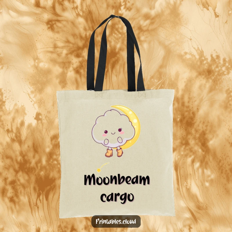 Funny cheerful cloud character, in tiny boots, tiptoeing on a moonbeam, on a durable tote bag, a humorous accessory.