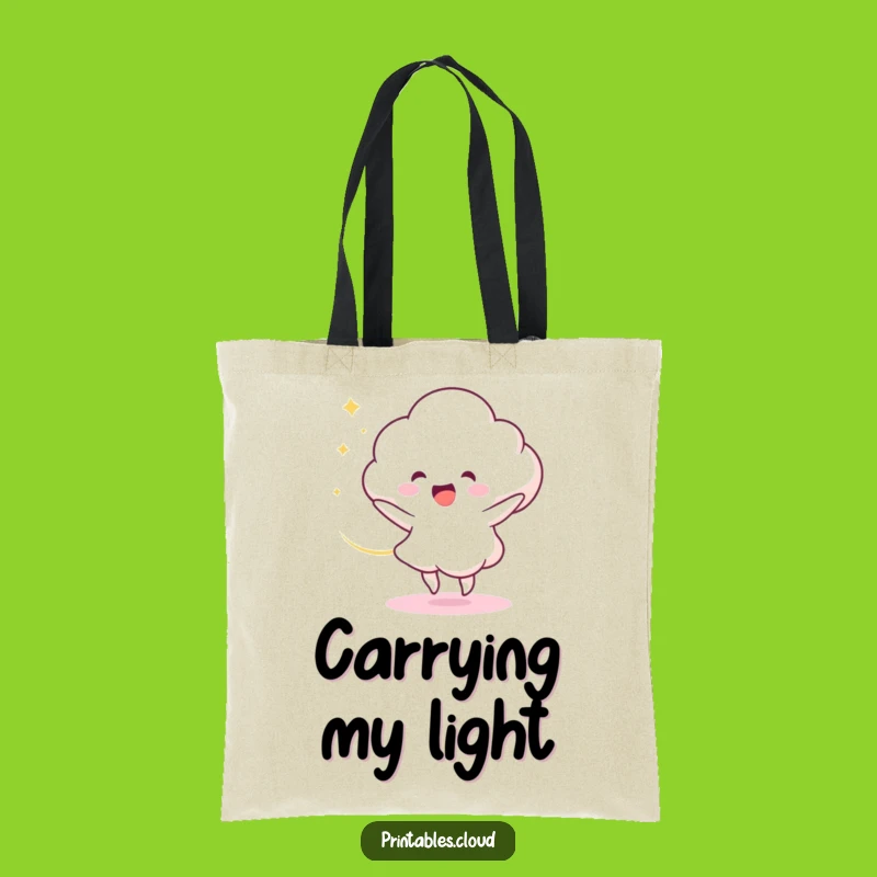 Funny Cloud Dancer Tote Bag: Delighted Character, Light Swirl Design, Gift Bag