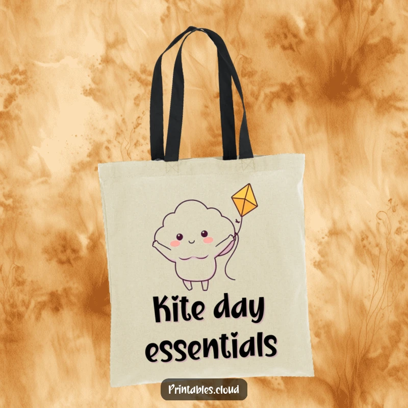 Funny tote bag illustration of a joyful cloud character with arms spread wide, riding a kite, symbolizing freedom and happiness.