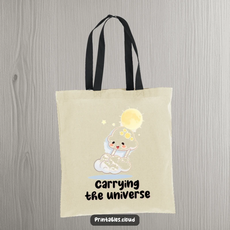 Funny tote bag showcasing a cloud character playfully bouncing the moon like a ball, ideal for everyday use and a smile.