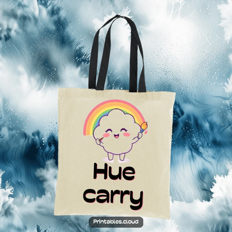 Funny tote bag showing a cloud character painting a rainbow with a brush, artistic and practical, humorous gift for creatives.