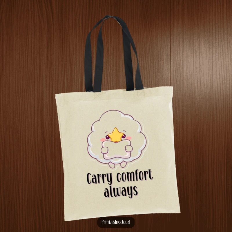 Funny tote bag illustration of a cheerful cloud offering a pillow to a shining star, perfect for carrying essentials with care.