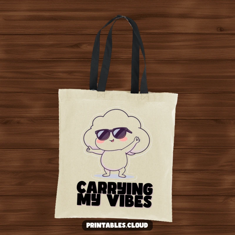 Funny tote bag depicting a cloud in sunglasses doing a yoga pose, perfect for carrying yoga gear or daily necessities.