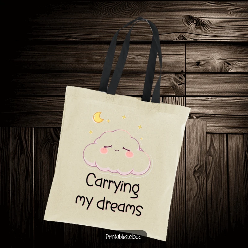 Funny Tote Bag: Cute cloud character peacefully sleeping with a gentle smile, perfect for carrying essentials while dreaming.
