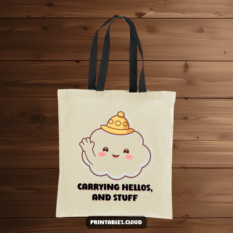 Funny tote bag with a cloud character wearing a tiny hat, waving a cheerful and friendly hello.