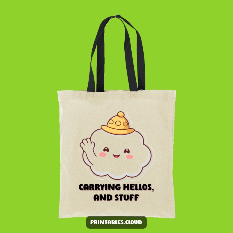 Funny Hello Cloud Tote Bag - Waving Hat Character Carry-All Gift