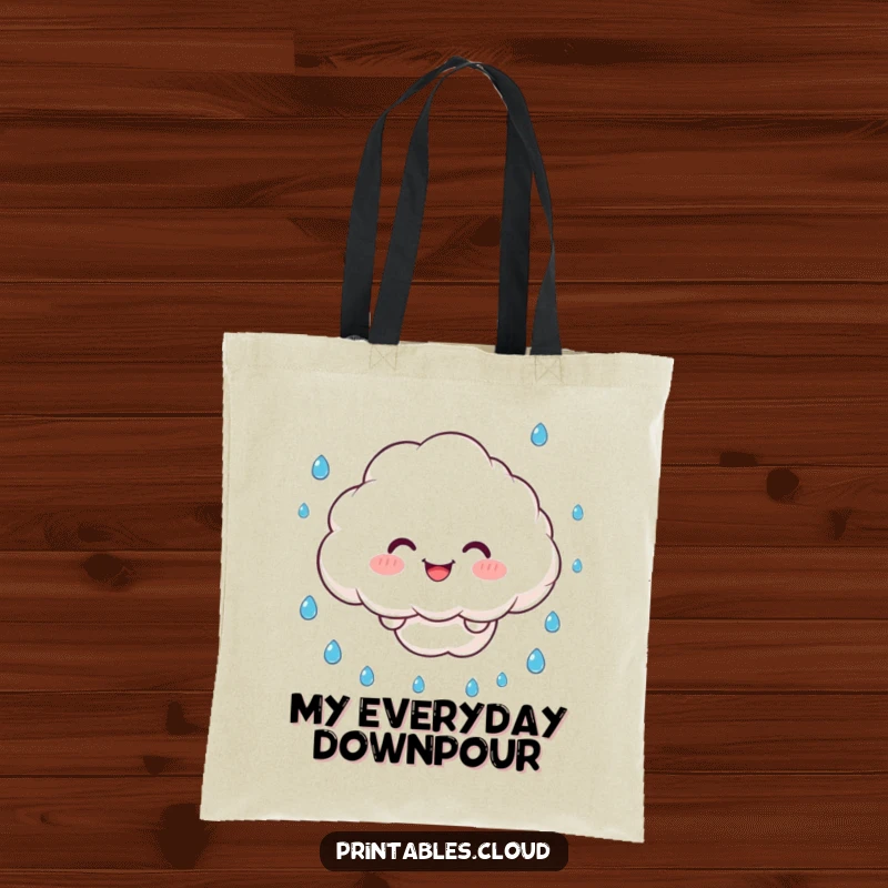 Funny Tote Bag: A smiling cloud character juggles raindrops, perfect for carrying everyday items with playful charm.