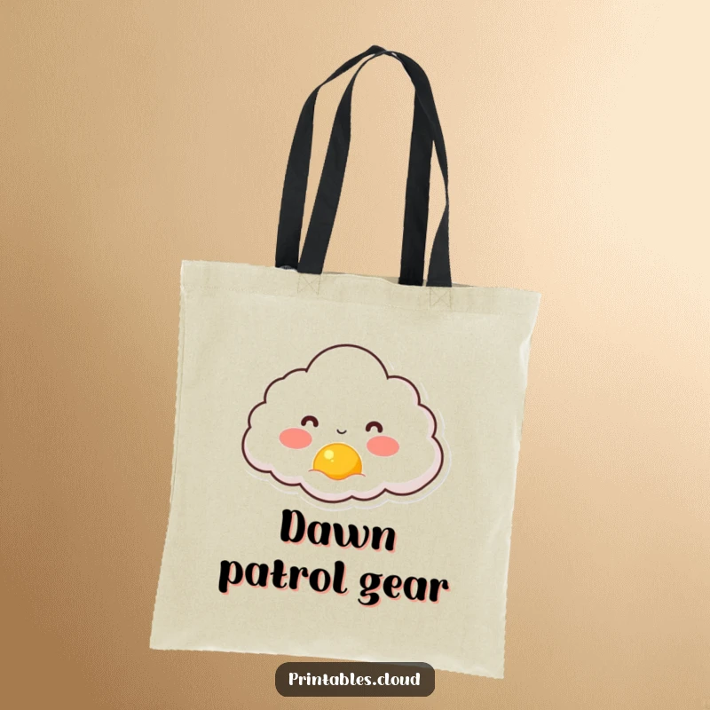 Funny tote bag illustration of a rosy-cheeked cloud character joyfully watching a tiny sun rise, perfect for everyday use.
