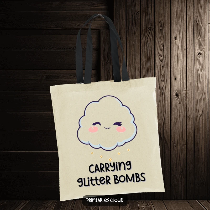 Funny tote bag featuring a winking cloud character playfully dropping tiny, shimmering sparkles, perfect for carrying everyday essentials with flair.