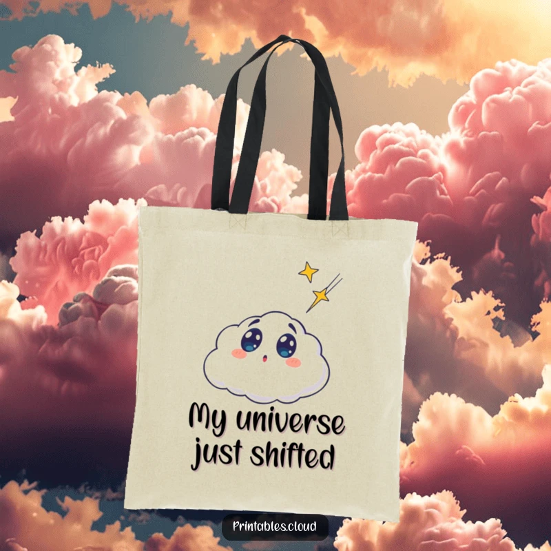 Funny surprised cloud character, eyes wide at a shooting star, on a durable tote bag, a humorous accessory for carrying treasures.