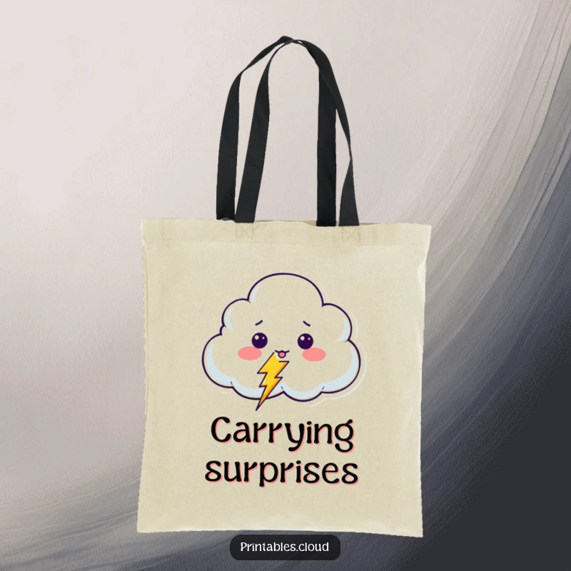 Funny Surprised Cloud Tote Bag depicting a startled cloud character receiving a playful jolt from a giggling lightning bolt, for everyday humor.