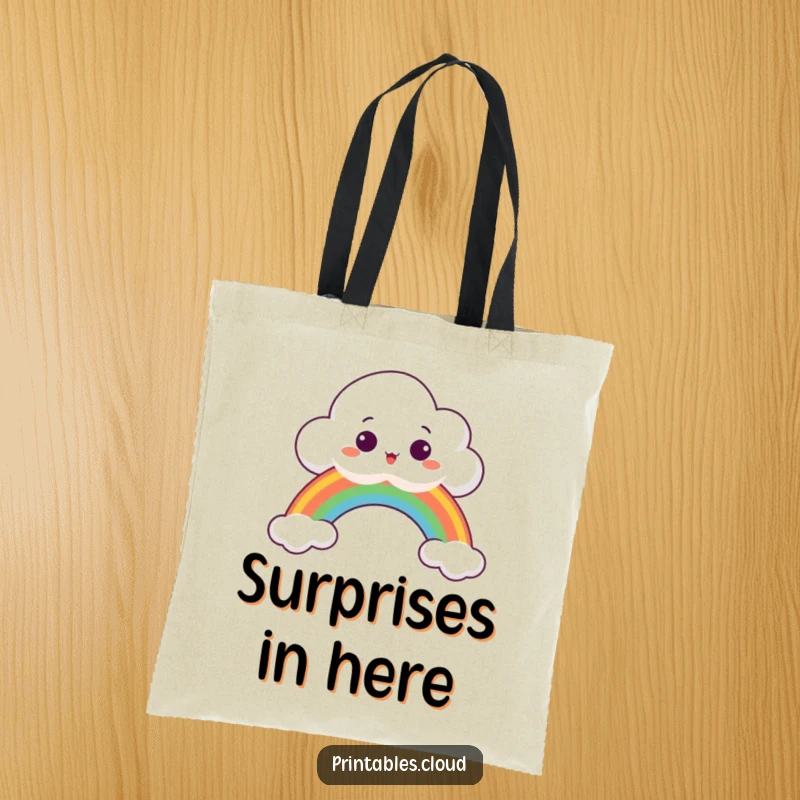 Funny Tote Bag with a surprised cloud peeking over a rainbow, perfect for carrying essentials with whimsy.