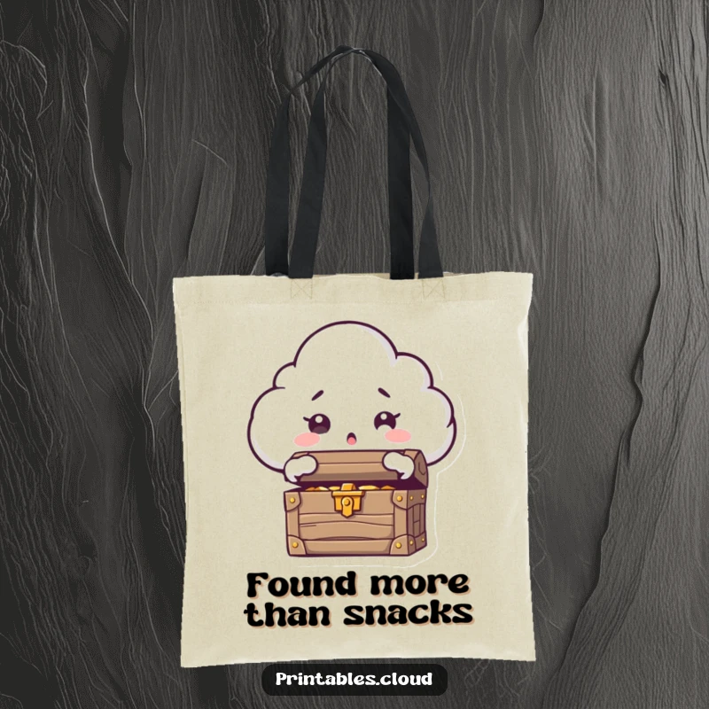 Funny tote bag showing a cloud character, eyes wide with shock, opening a treasure chest filled with shiny coins.
