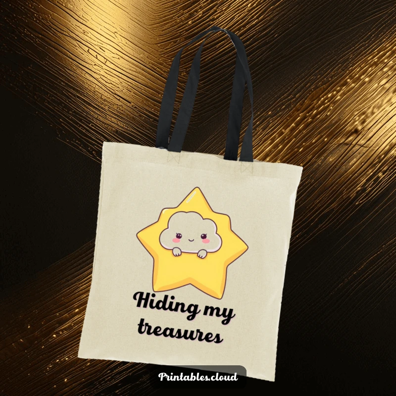Funny tote bag showcasing a shy cloud character peeking curiously from behind a giant star, great for shopping and daily use.
