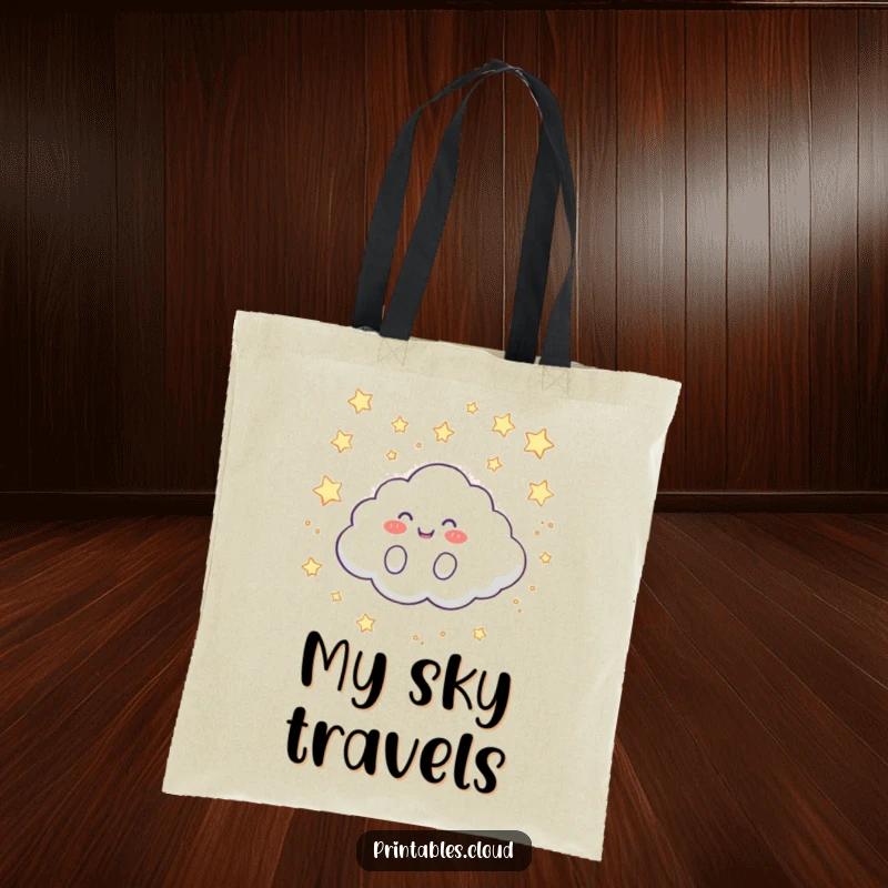 Funny Tote Bag: A happy cloud character giggles while rolling through a star-filled sky, perfect for carrying essentials.