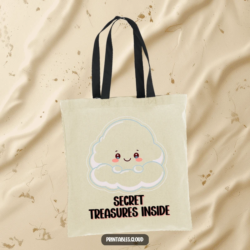Funny Tote Bag: A cloud character playfully peeking from behind a smiling cloud, adding a sense of fun.